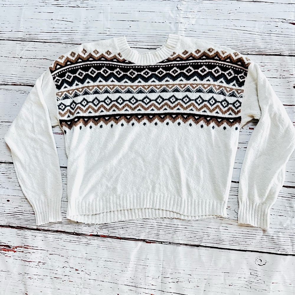 Hollister White Sweater with Red/Brown/Gray Nordic Pattern! Size M